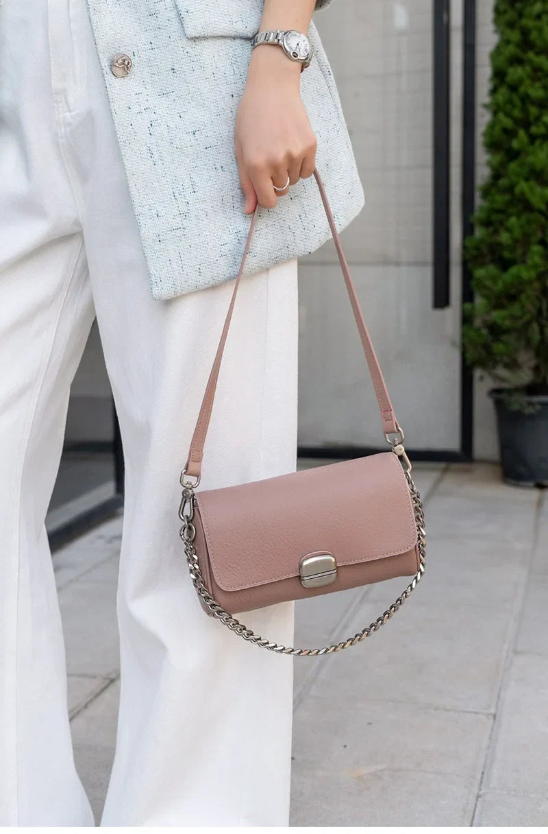 Supple Genuine Leather Women's Barrel Crossbody Bag - Commuter-Friendly Small Chain Strap Shoulder Bag for Everyday Chic