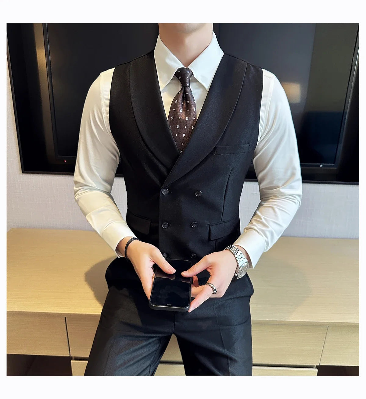 Men Luxury Double Breasted Design Solid Vest Formal Groom Wedding Dress Suit Vest Set Fashion Mens Club Singer Clothing 6XL-M