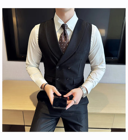 Men Luxury Double Breasted Design Solid Vest Formal Groom Wedding Dress Suit Vest Set Fashion Mens Club Singer Clothing 6XL-M
