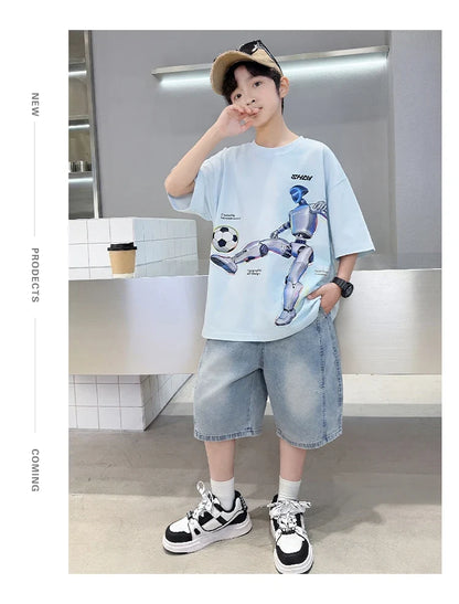 Tween Boys Summer Sets Clothing Child Tshirt Denim Shorts Two Pieces Sports Suit For Kids Teenagers 5 6 7 8 9 10 11 12 13 14 Yrs