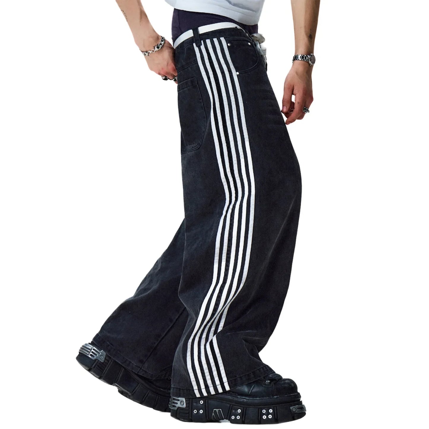 Y2K American Retro High Waisted Jeans Loose Wide Leg Pants Harajuku Style Street Striped Gothic Niche Design Casual Pants