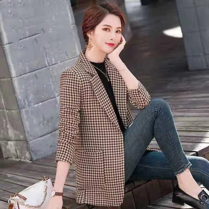 Women's Houndstooth Pattern Blazer Long Sleeve 2025 New Spring Autumn Korean Style Elegant Casual Elegance Daily Wear