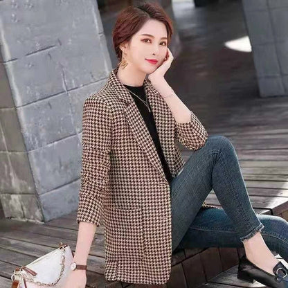 Women's Houndstooth Pattern Blazer Long Sleeve 2025 New Spring Autumn Korean Style Elegant Casual Elegance Daily Wear