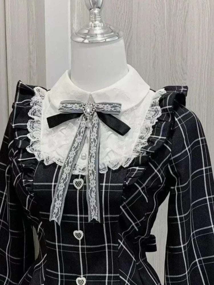 Japanese Kakaii Sweet Lace Patchwork Plaid Dress Women Fairy Grunge Ruffled Long Sleeve Dresses Y2k Aesthetic JK Lolita Vestidos