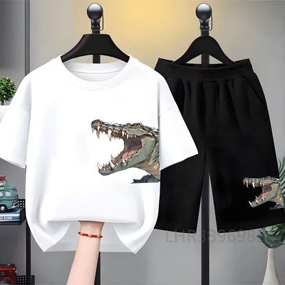 Children Tees Crocodile Head Black Suitable Girls Boy Tshirt+Shorts Kids Set Short Sleeve For Ages 3 And Up Summer Clothing