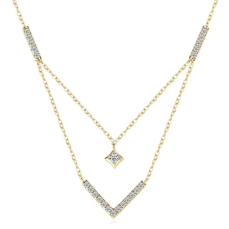 Sparkling 3mm&1.8mm Round Moissanite Necklace 925 Sterling Silver Fashion V-Shape Necklaces for Women Fine Jewelry Gift