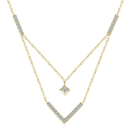 Sparkling 3mm&1.8mm Round Moissanite Necklace 925 Sterling Silver Fashion V-Shape Necklaces for Women Fine Jewelry Gift