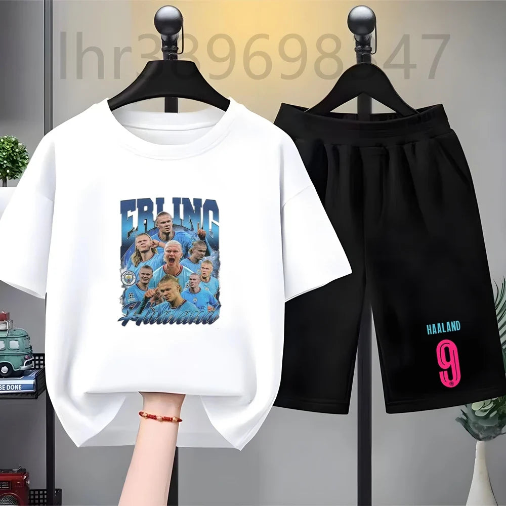 Summer Tees Football Famous General Print Set Suitable Children Short Sleeve Girls Boy Set Tshirt+Shorts 2pcs Kids Clothing