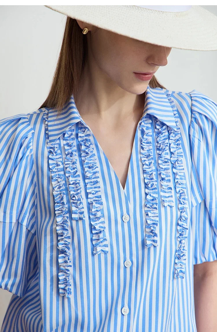 Minimalist New Summer Style 2025 Shirt for Women Turn Down Collar V-neck Lantern Sleeves Blue White Stripes Shirt 12542087