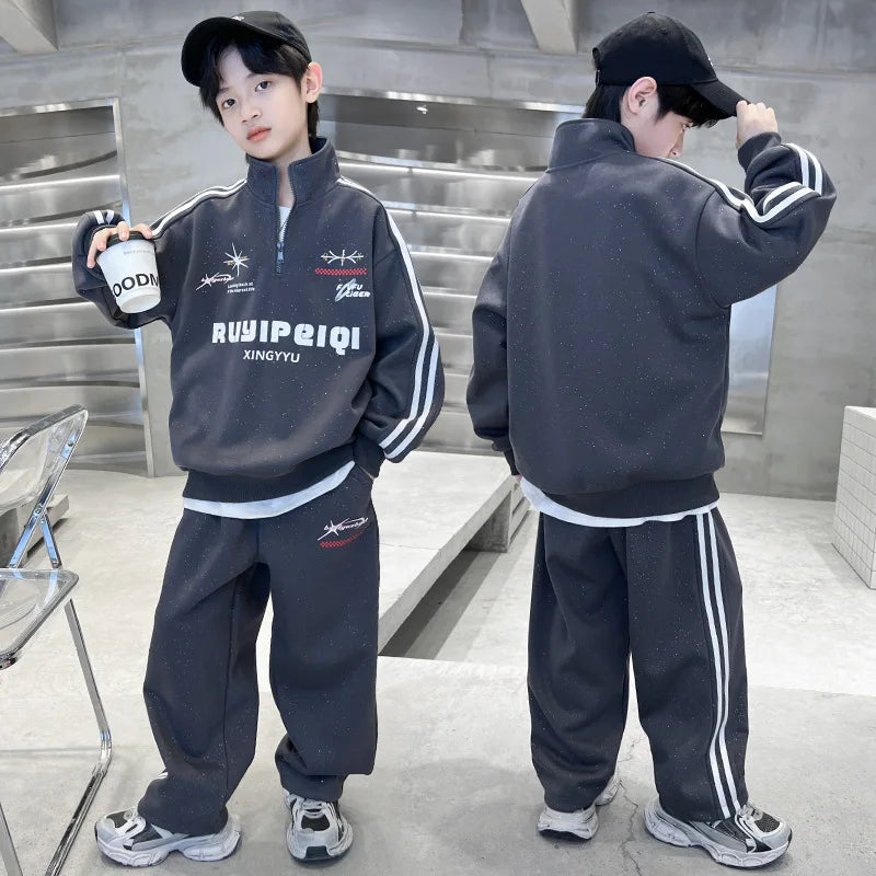 Spring Autumn Boys Striped Half Zip Sweatshirt+Sweatpant Workout Sets School Kids Tracksuit Children Outfit Jogging Suit 5-16 Yr