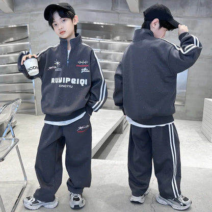 Spring Autumn Boys Striped Half Zip Sweatshirt+Sweatpant Workout Sets School Kids Tracksuit Children Outfit Jogging Suit 5-16 Yr