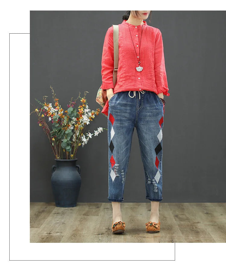 Summer Females Luxury Embroidery Jeans Womens Fashion Vintage Ripped Denim Trousers Loose Holes Elastic Harem Pants