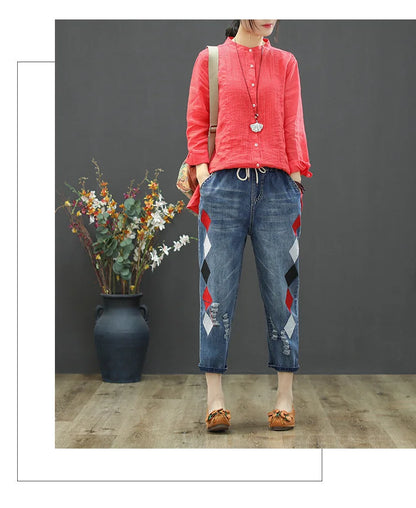 Summer Females Luxury Embroidery Jeans Womens Fashion Vintage Ripped Denim Trousers Loose Holes Elastic Harem Pants