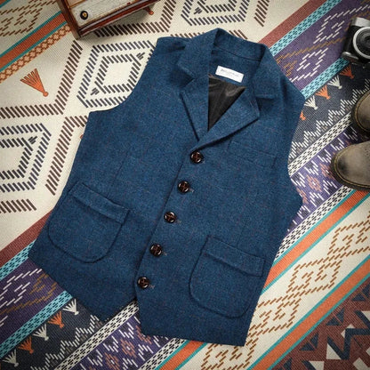 Men Vest Royal Blue Steampunk Formal Male Ethnic Herringbone Wool Tweed Vintage For Wedding Business Banquet Waistcoat