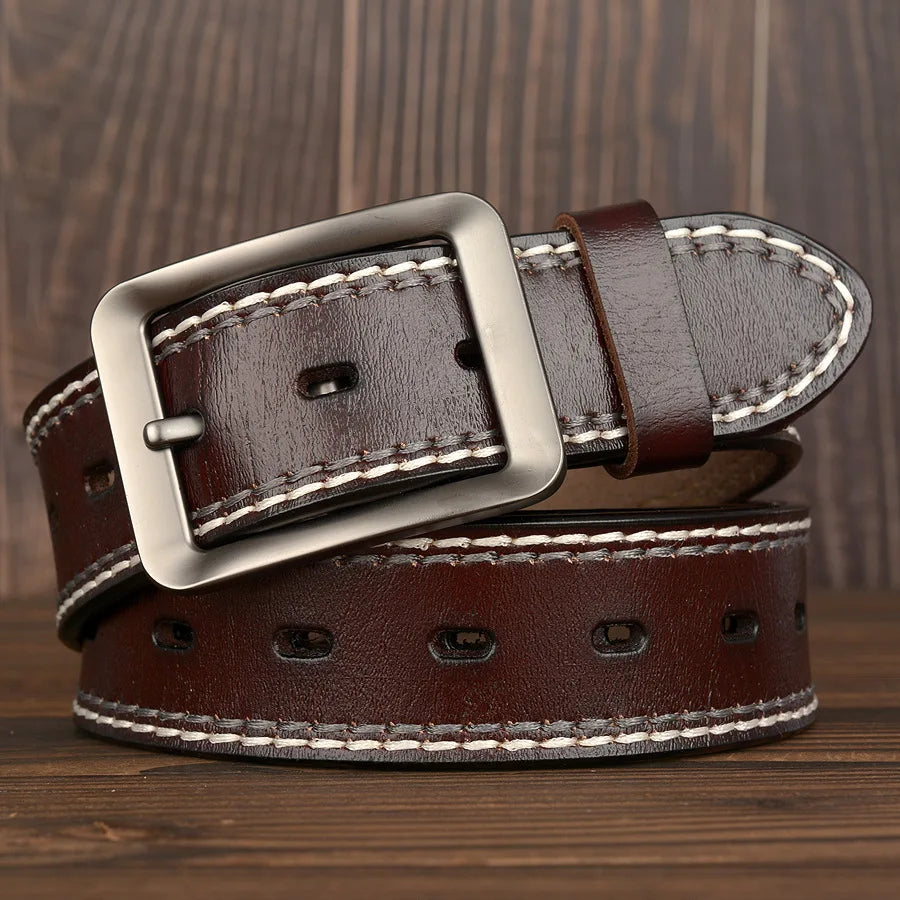 3.8CM Fashion Men Belts Genuine Leather Luxury Designer Vintage Thread Waist Belt For Jeans Cinturon Cowboy Hombre Dropshipping