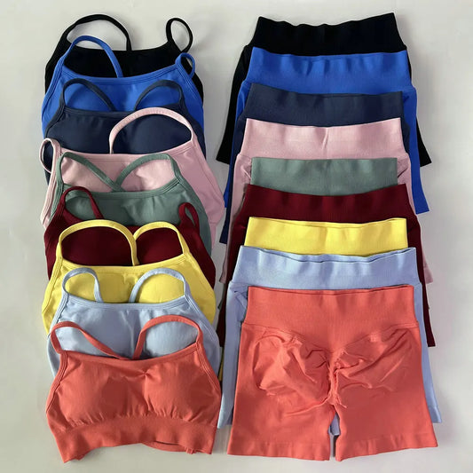 No Logo Women 2 Pieces Yoga Set Cross Straps Bra Beautiful Back Tops High Waist Sport Short Scrunch Bum Workout Short Gym Suit