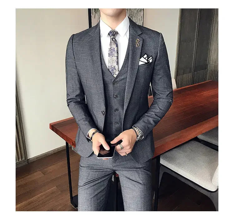 Blue Men Classic Striped/Checked Suits, Asian Size Slim Fit Business Office 3-Piece Sets, Black/Gray and Red Available.