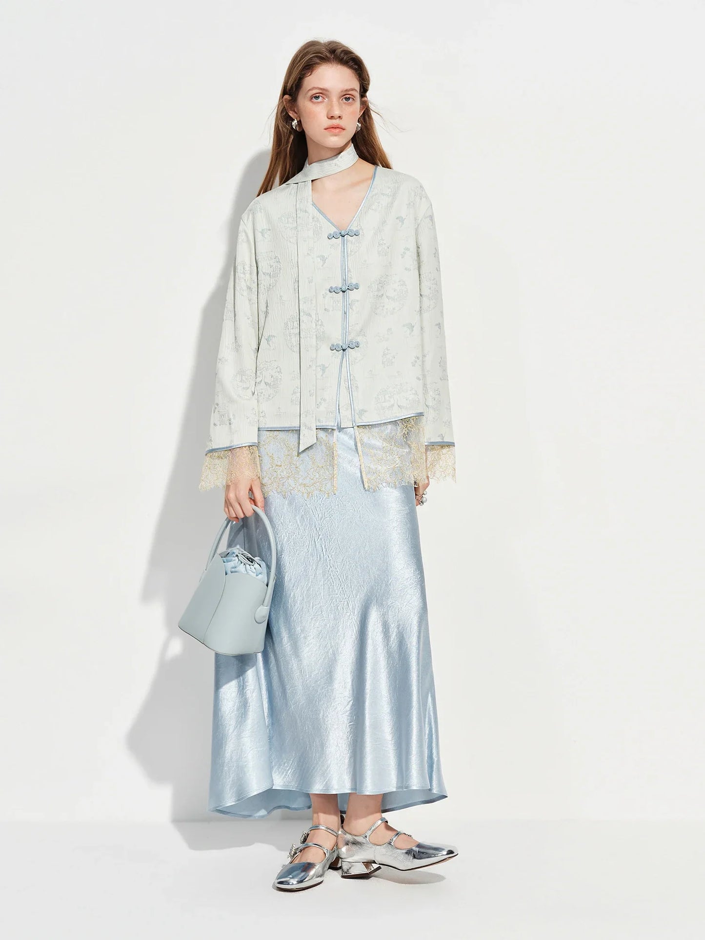 Modern Chinese-inspired Women's Blazer with Button Closure Sash VNeck Patchwork Lace Trim Outerwear Spring 2026 New Arrival