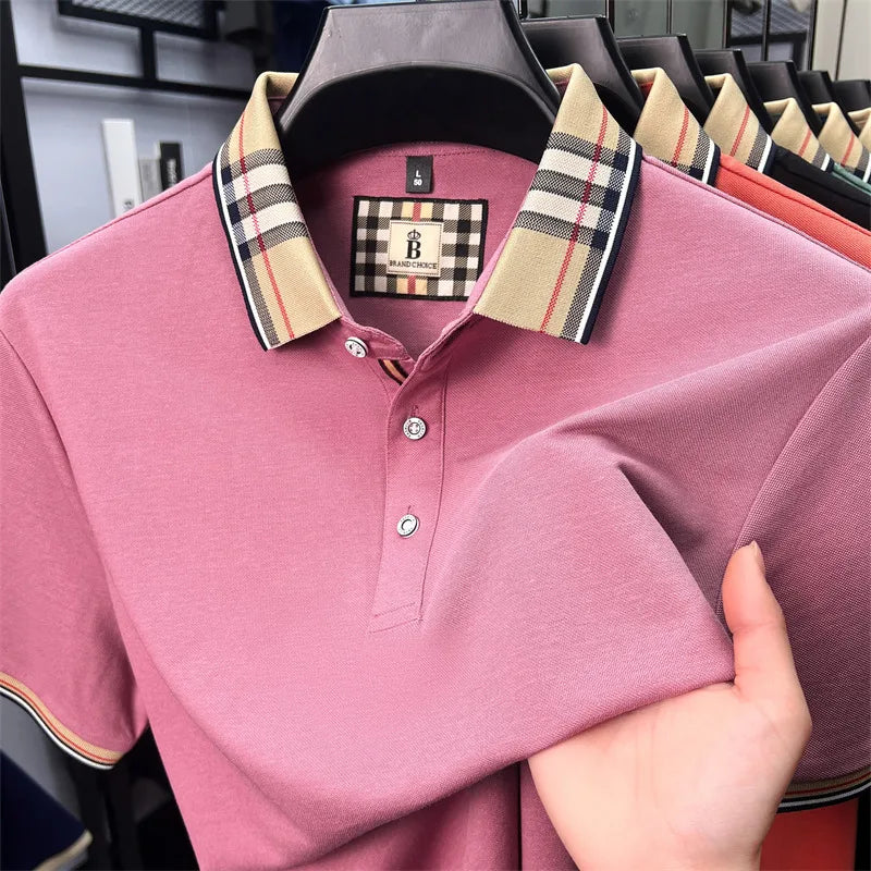 Fashion brand luxury short sleeve polo shirt men summer quality silky cotton breathable business casual striped collar T-shirt