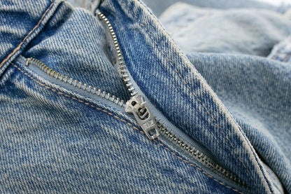 2024 Women's Street Fashion Denim Blue Jeans Distressed Patchwork High Waist Zipper Fly Ripped Retro Long Pants