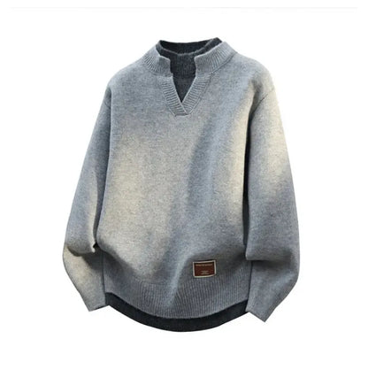 Fake Two Piece Pullover Cardigan Men Round Neck Long Sleeve Clothing Thermal Warm Comfortable Youth Casual Knit Sweater