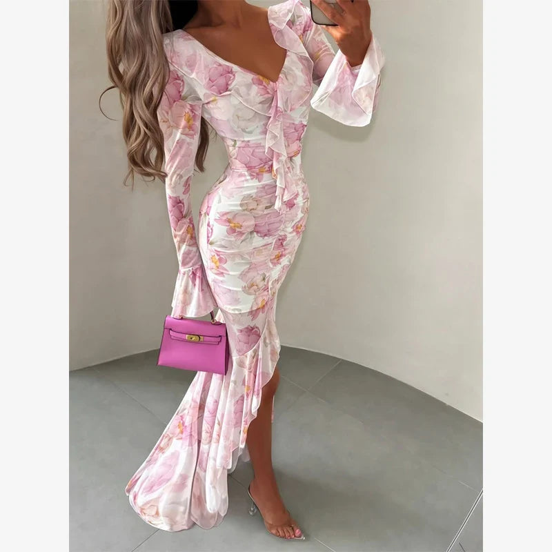 V-neck Organza Floral Chiffon Puff Sleeve Slit Long Dress Bodycon High Slit Bodycon Sexy Dresses Lady Chic Daily Sweet Date Robe