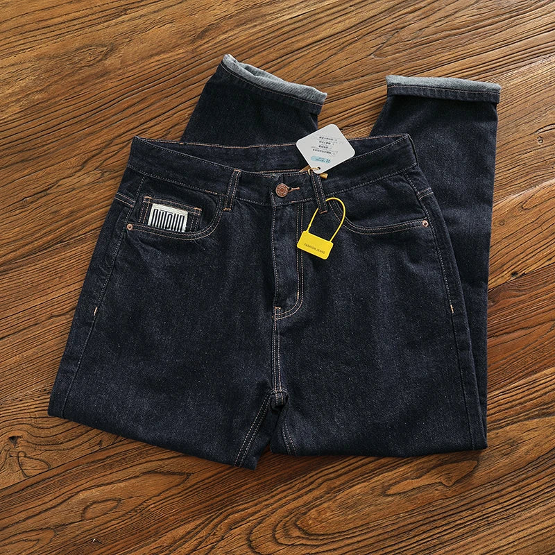 Anti-fading solid color general wash primary color denim jeans men's dark American casual loose straight cone pants