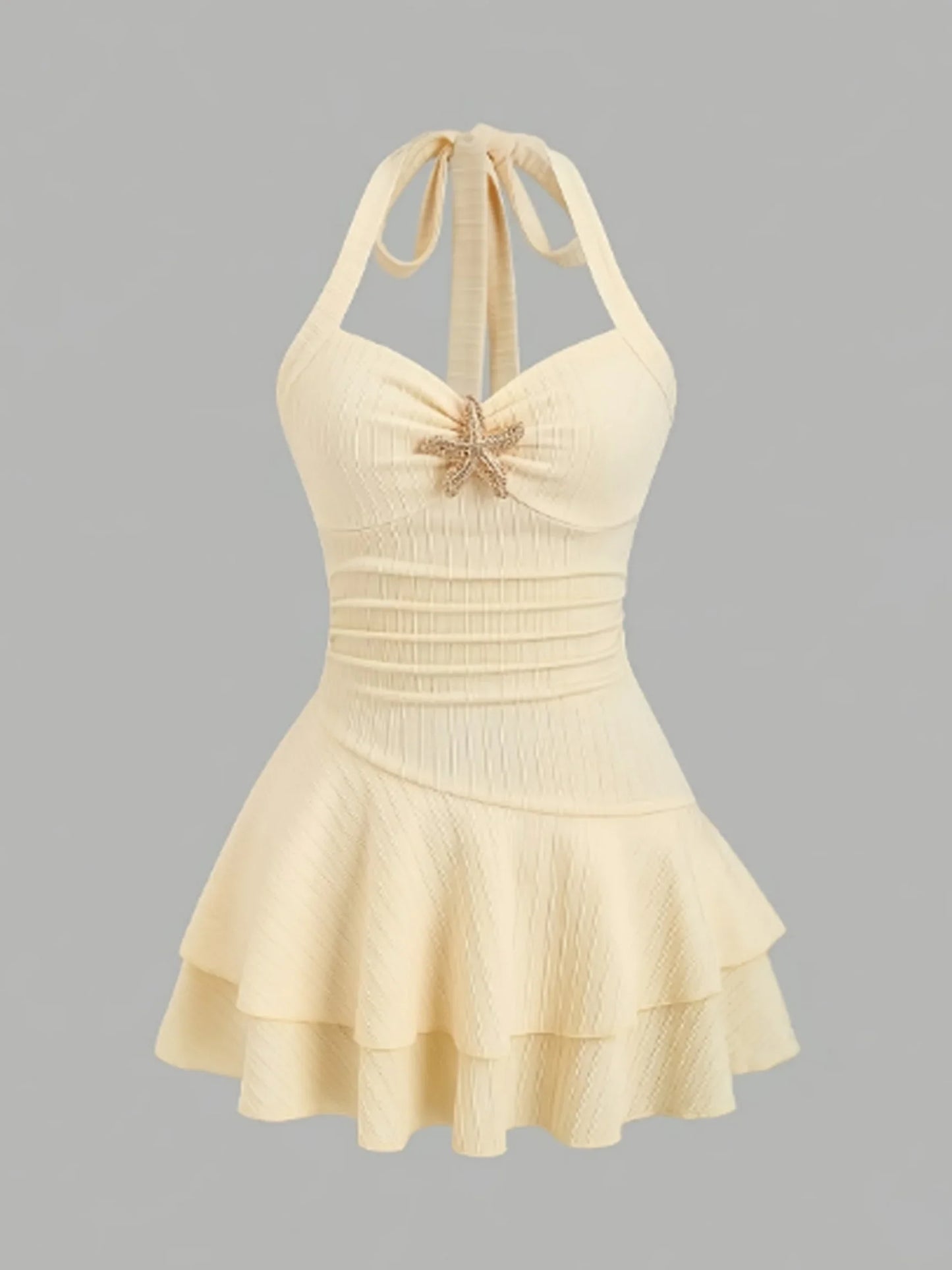 White Halter Neck Mini Dress Women's Ruffled Starfish Embellished Summer Casual Evening Gown