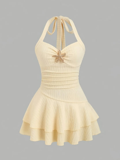 White Halter Neck Mini Dress Women's Ruffled Starfish Embellished Summer Casual Evening Gown