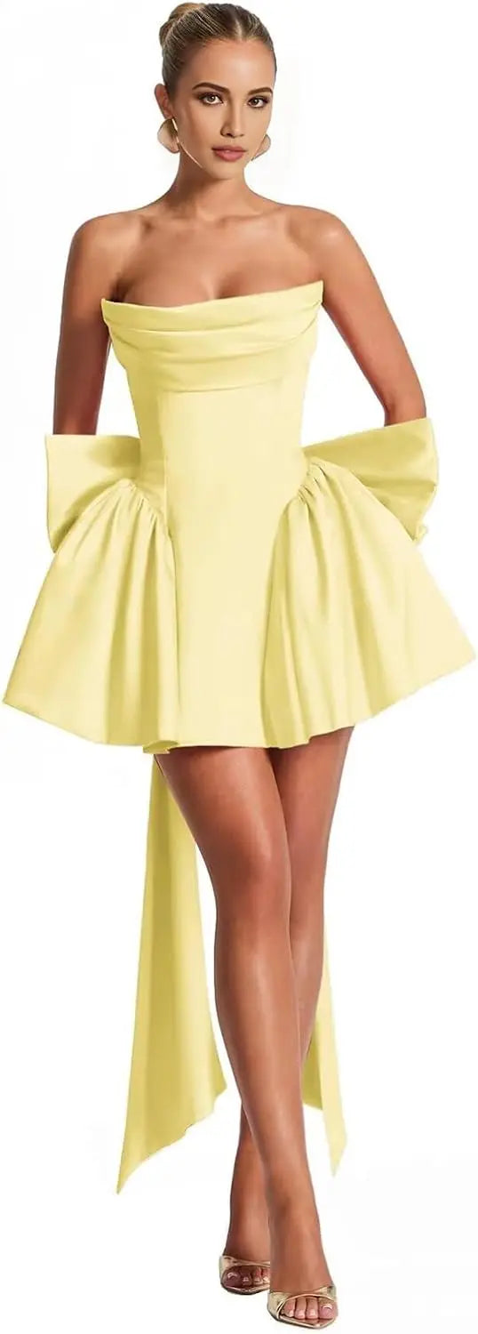 2025 Satin Strapless Back To School Dress with A Large Bow At The Back, Mini Skirt for Teenagers Cocktail Dress Short DanceDress