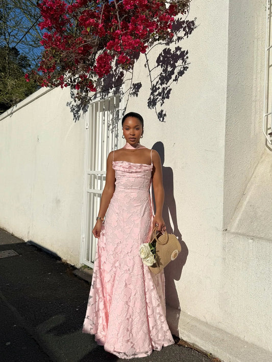 Summer Spaghetti Strap Floral Jacquard Maxi Dress Pink Long Ruched Evening Gown Bridesmaid Wedding Party Women
