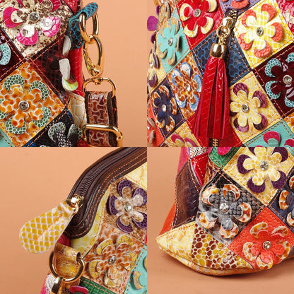 Multi-color snake pattern splicing tassel genuine leather cowhide bag shoulder women's bag personalized casual women's small bag