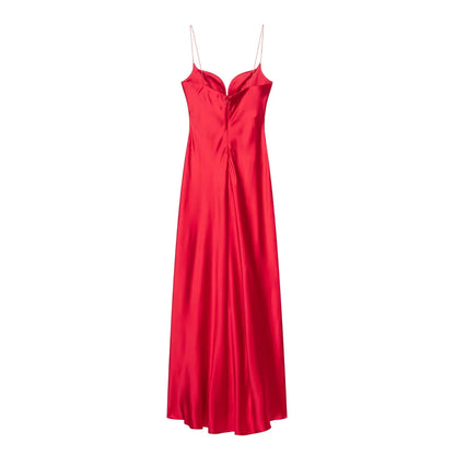 2025 Women Red V-Neck Holiday Style Satin Texture Long Dress Sleeveless Summer Women's Back Zipper Fashion Sling Dresses