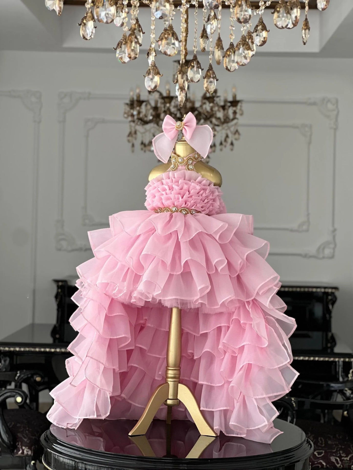 White Tulle Beading Ruffles with Bow Princess Flower Girl Dress For Wedding Kids Birthday Party First Communion Ball Gown Custom