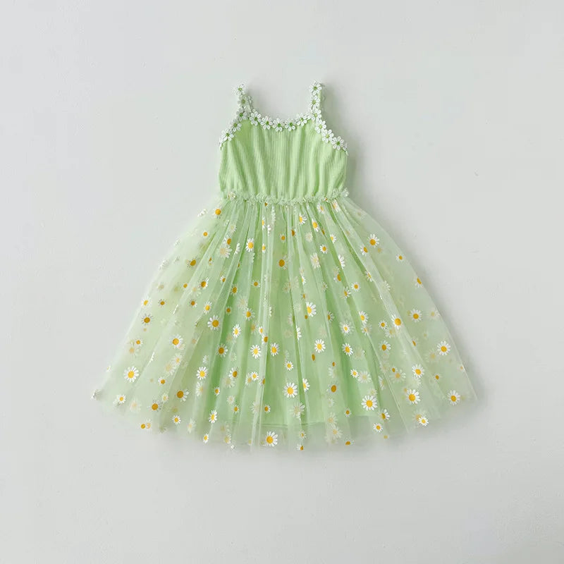 Girls Casual Dresses Little Daisy Flower Mesh Dress for Girls Summer Camisole Pompadour Dress Girls Clothes for2 To 7 Years