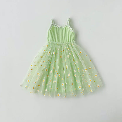 Girls Casual Dresses Little Daisy Flower Mesh Dress for Girls Summer Camisole Pompadour Dress Girls Clothes for2 To 7 Years