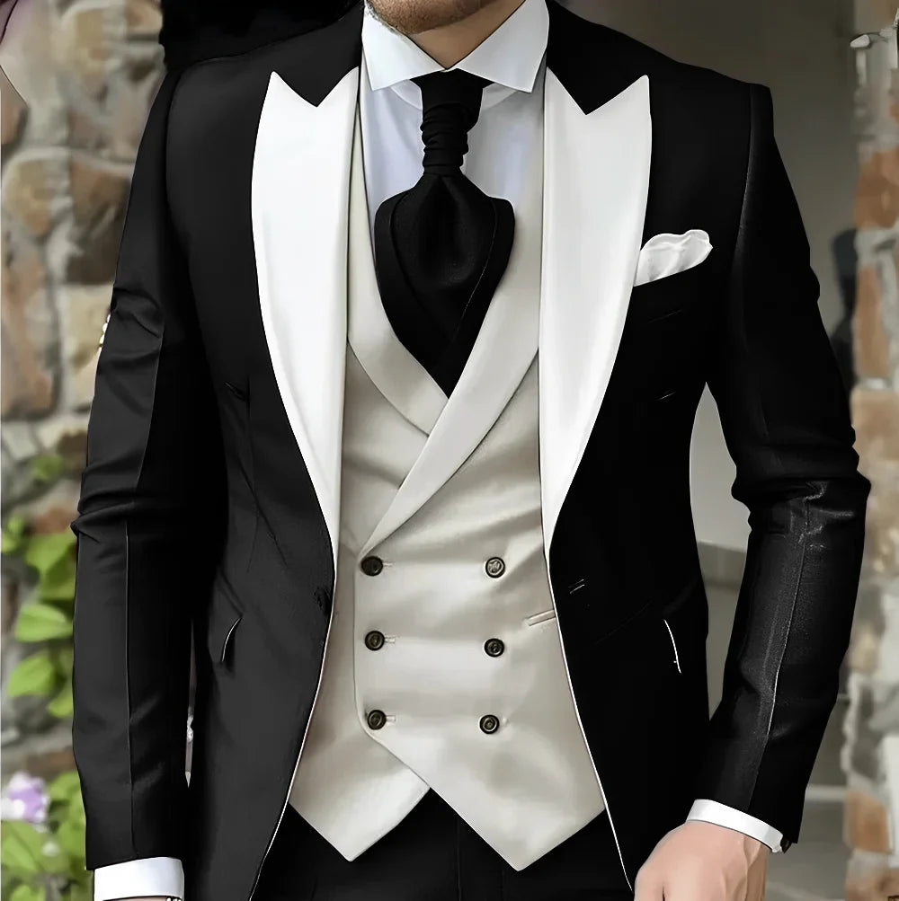 Men's Elegant Peak Lapel Tuxedo 3-Piece Suit with Blazer Vest Formal Men's Suit for Business Prom Business Dinner