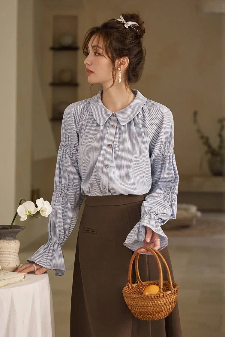 Women's Blue Stripe Shirt 2024 Spring Fashion French Retro Bubble Sleeves Doll Neck Loose Tops Office Lady MXD12C0163