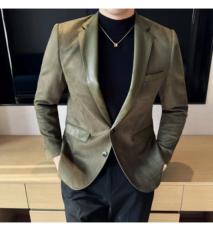 High Quality Deerskin Velvet Splicing Leather Collar Suit Blazers Men Casual Business Slim Coats Mens Social Wedding Clothing