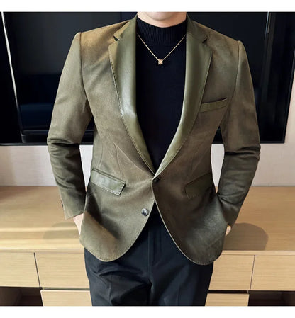 High Quality Deerskin Velvet Splicing Leather Collar Suit Blazers Men Casual Business Slim Coats Mens Social Wedding Clothing