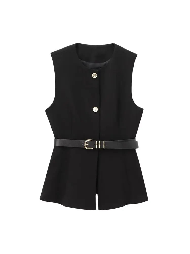 Women's Long Waistcoat with Belt, Front Gold Button, O Neck Sleeveless Vest, Female Outerwear, Chic Tops, Fashion