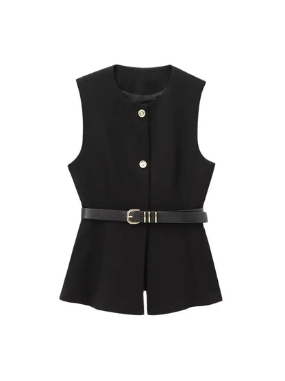 Women's Long Waistcoat with Belt, Front Gold Button, O Neck Sleeveless Vest, Female Outerwear, Chic Tops, Fashion
