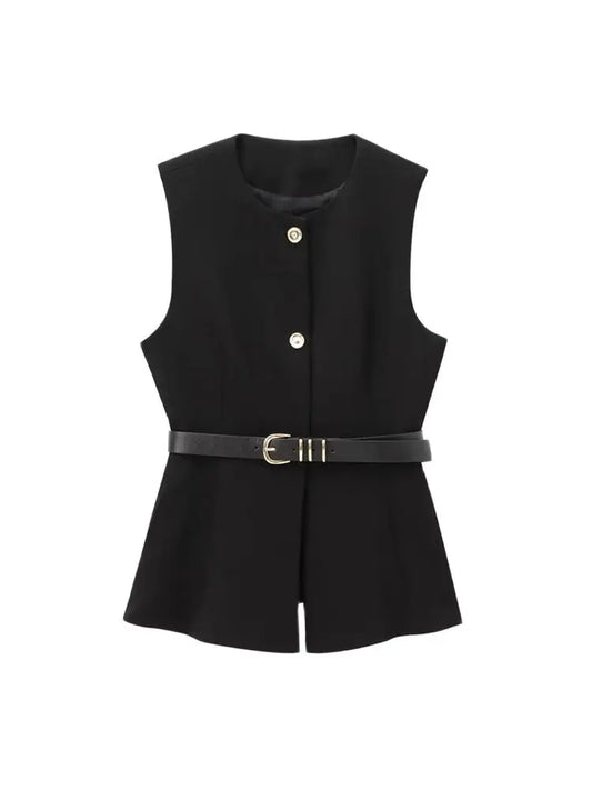 Women's Long Waistcoat with Belt, Front Gold Button, O Neck Sleeveless Vest, Female Outerwear, Chic Tops, Fashion
