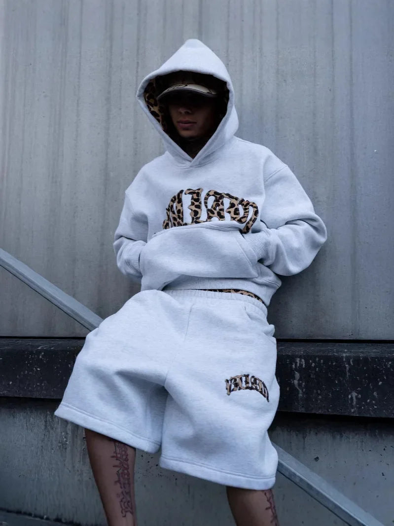 new fashionable leopard print letter embroidery street casual pants men's and women's versatile hooded sweatshirt pants set Y2K