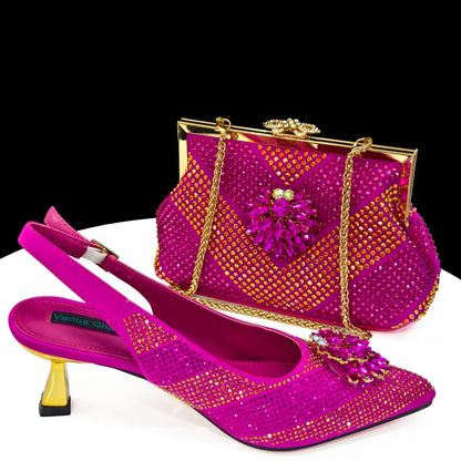 Italian Shoes and Bags Matching Set 2024 Silver Color Rhinestone Fashion High Heels for Women Pointed Toe Pumps