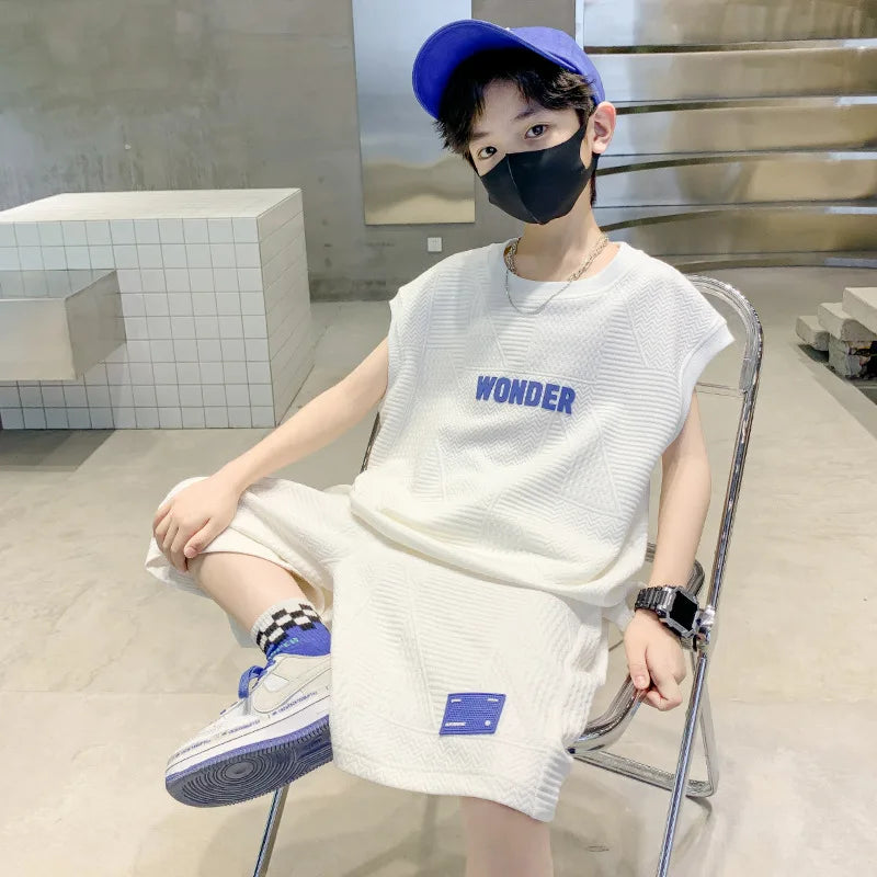 Summer Boys Waffle Alphabet Sleeveless t-Shirt Tops+Short Pants Set School Kids Tracksuit Child 2PCS Outfit Jogger Suit 5-16 Yrs
