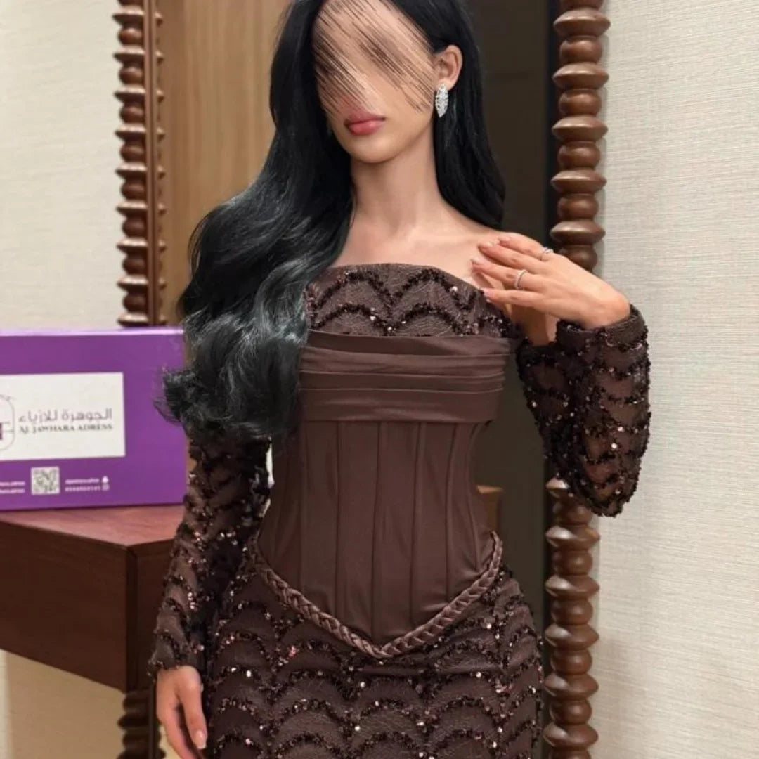 Customized Dark Brown Strapless Prom Dress Detachable Lace Long Sleeve Sequin Mermaid Corset robes de soirée Elegant 2025