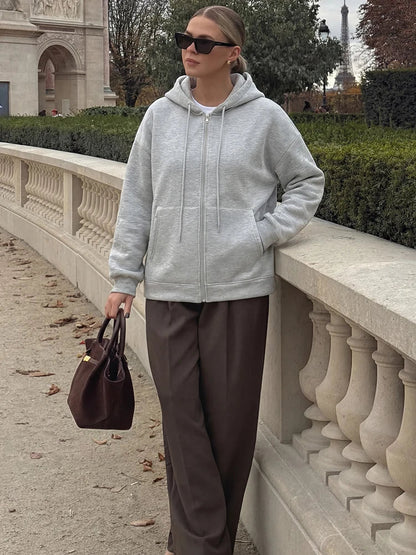 2026 Casual Women's Soild Zipper Hoodie Long Sleeve Big Pocket Zipper Jacket With Hood Female Loose Outerwear Coat Tops