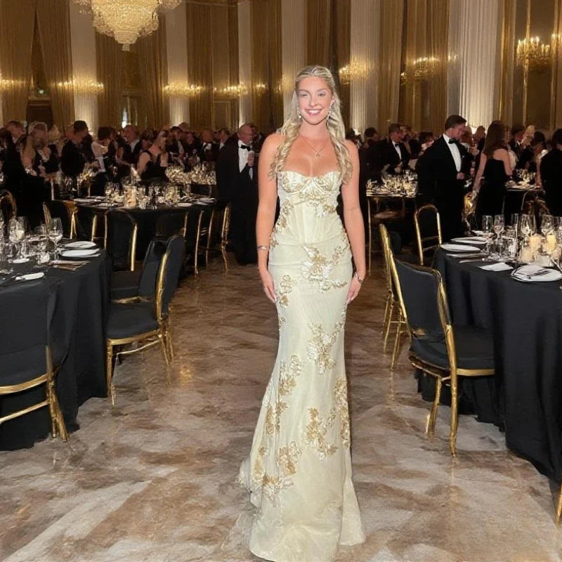 Women Maxi Backless Dress Sexy 3D Floral Embroidery Mermaid Gown Yellow Formal gala Prom Party Dress Long