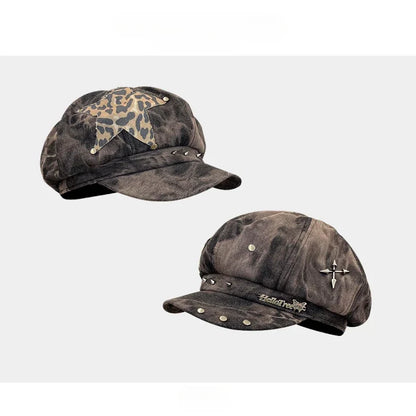 Punk Rivet Star Sticker Berets for Women Fashion Hip Hop Hats Versatile Retro Tie-dye Newsboy Hats